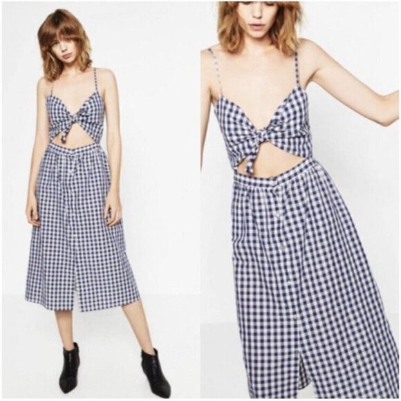 Zara Size Small Blue White Gingham Check Cut Out Midi Dress - Picture 2 of 12
